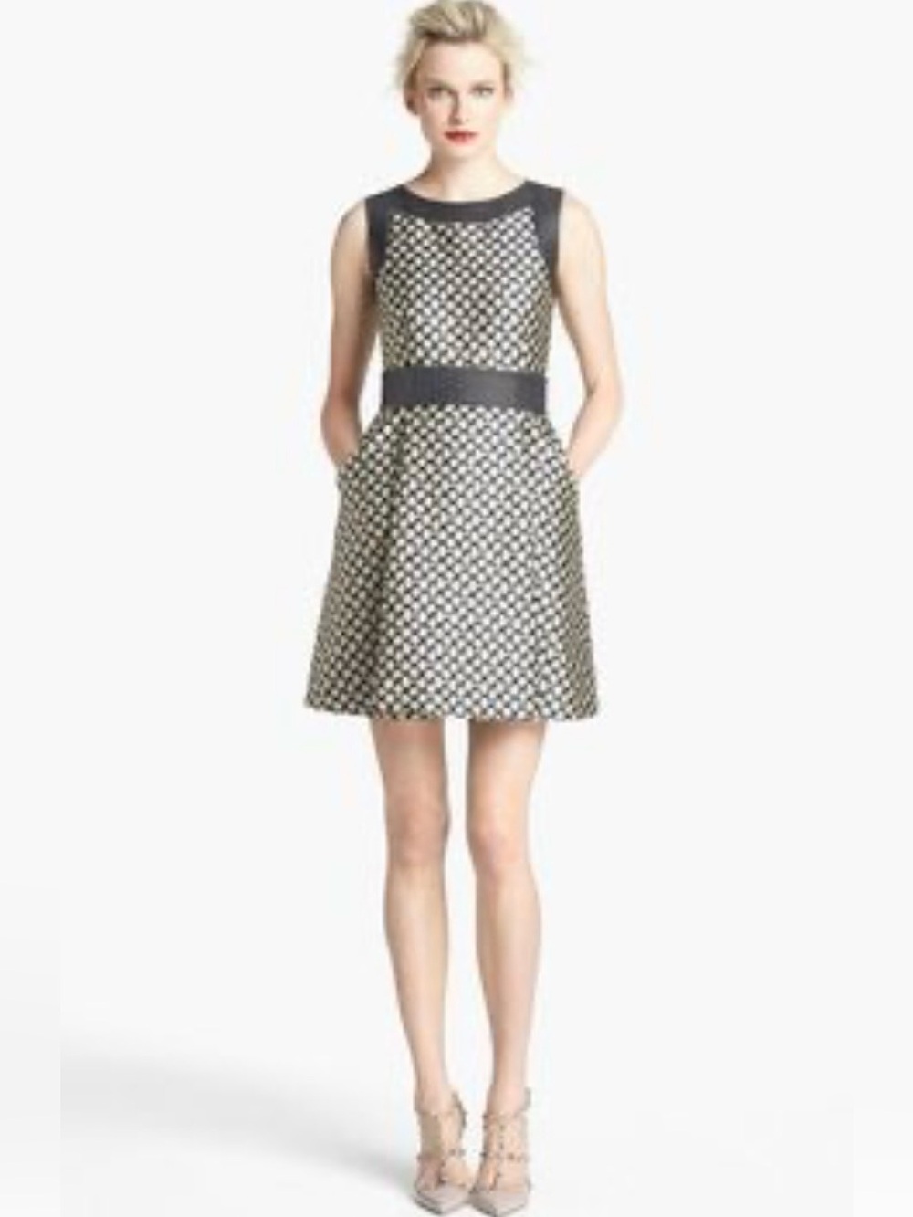 RED Valentino Women Brocade Pleated Sleeveless Mini Dress, Black/Gold, 36EU/0US